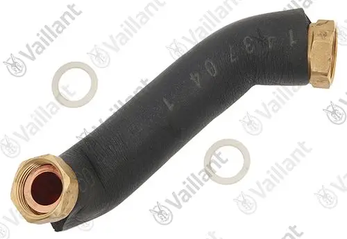 Vaillant Rohr mit gewundenem Design und zwei Messinganschlüssen, kombiniert mit einem Dichtungsring. Ideal für Installationen in Heizsystemen.